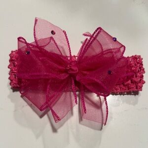 Hot pink headband bow baby girl rhinestone bling EUC fuchsia head wrap tulle